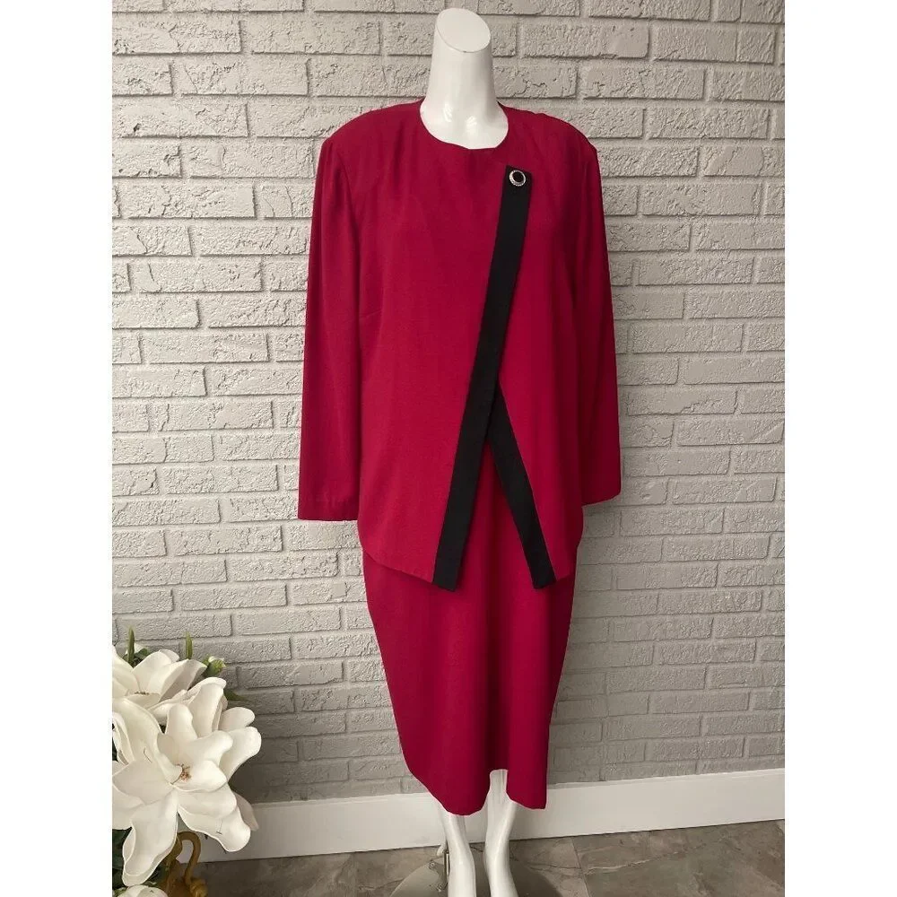 Leslie Fay Women Short Sleeve Red Dress With Asymmetric Trim Jacket 2 Pcs Set Si